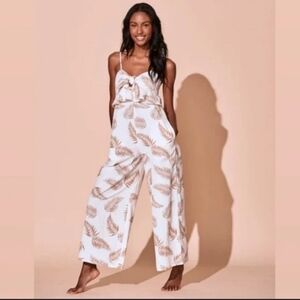 Billabong White Jumpsuit with Tan Leaf Print